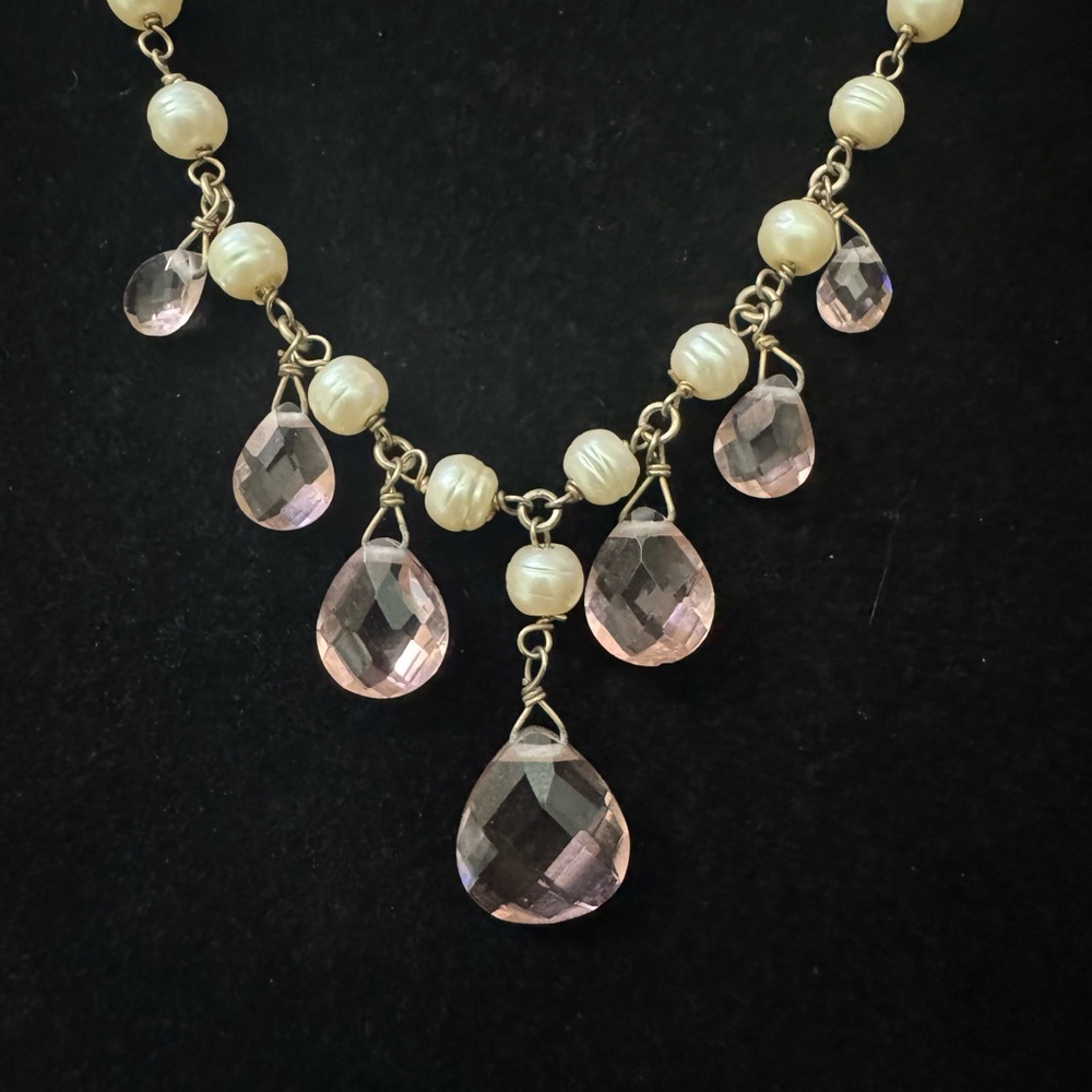 Faux Pearl & Pink Teardrop Necklace - Picture 2 of 5